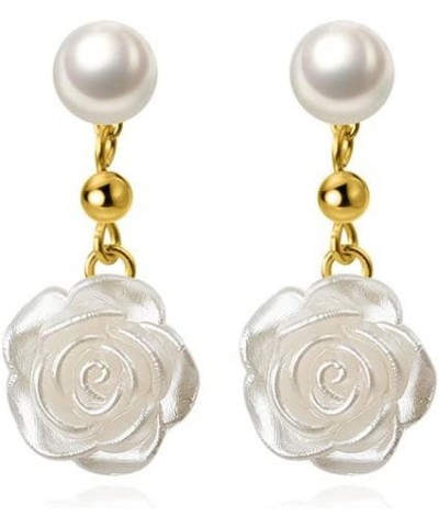 Solid 925 Sterling Silver Flower Drop Earrings Dangle for Women Girls Pearl Flower Drop Earrings Camellia B-Yellow Gold $10.6...