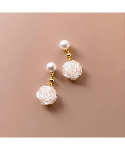 Solid 925 Sterling Silver Flower Drop Earrings Dangle for Women Girls Pearl Flower Drop Earrings Camellia B-Yellow Gold $10.6...