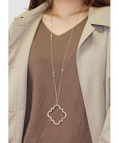 Gold Fashion Long Chain Necklace Quatrefoil Necklace Two-Tone Clover Pendant Necklace Geometric Pendant Sweater Long Necklace...