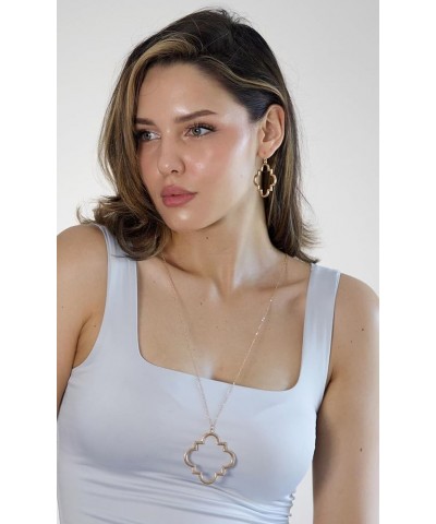 Gold Fashion Long Chain Necklace Quatrefoil Necklace Two-Tone Clover Pendant Necklace Geometric Pendant Sweater Long Necklace...