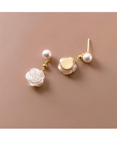 Solid 925 Sterling Silver Flower Drop Earrings Dangle for Women Girls Pearl Flower Drop Earrings Camellia B-Yellow Gold $10.6...