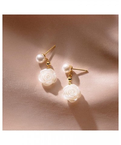 Solid 925 Sterling Silver Flower Drop Earrings Dangle for Women Girls Pearl Flower Drop Earrings Camellia B-Yellow Gold $10.6...