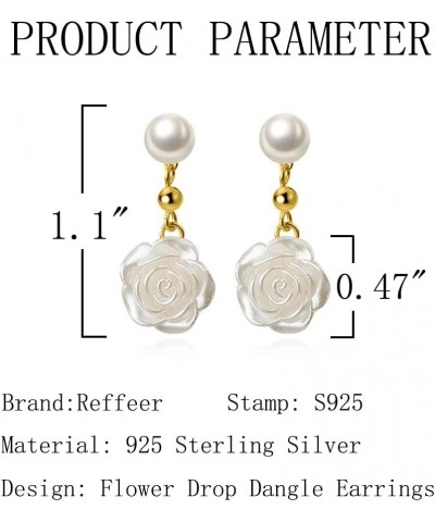 Solid 925 Sterling Silver Flower Drop Earrings Dangle for Women Girls Pearl Flower Drop Earrings Camellia B-Yellow Gold $10.6...