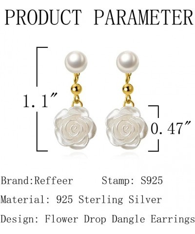 Solid 925 Sterling Silver Flower Drop Earrings Dangle for Women Girls Pearl Flower Drop Earrings Camellia B-Yellow Gold $10.6...