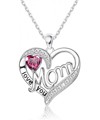 Love Heart Mom Necklace 925 Sterling Silver Birthstone Pendant Necklaces Birthday Mother's Day Jewelry Gift for Women Jul-Rub...