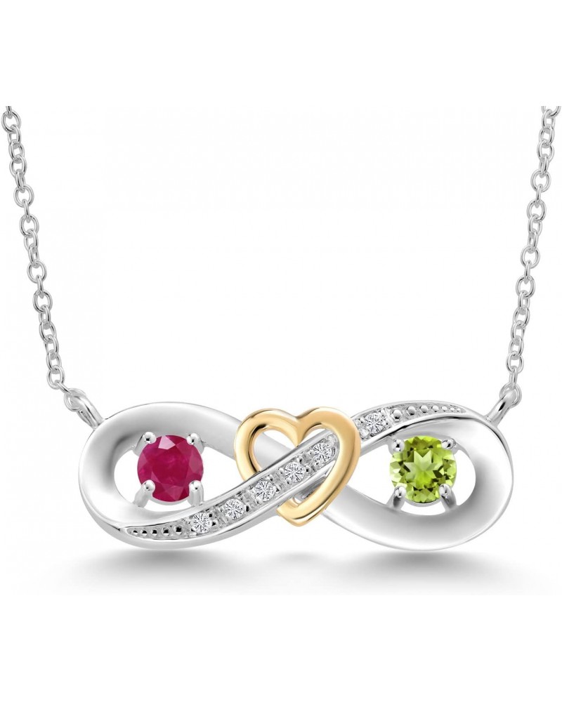 925 Silver and 10K Yellow Gold Round Red Ruby Green Peridot and White Lab Grown Diamond 2-Tone Heart Interlocking Infinity Sy...