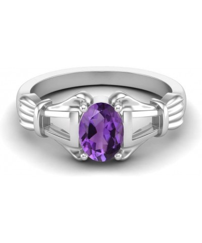 Solid 925 Sterling Silver 7x5mm Oval Shape Purple Amethyst February Gemstone Birthstone Engagement Women Ring Sterling Silver...