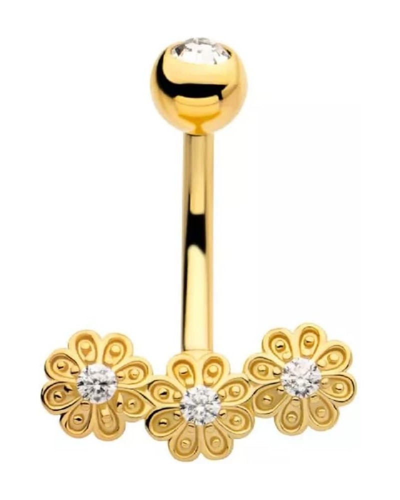 14GA Gold PVD 316L Stainless Steel Triple CZ Crystal Flower Cluster Belly Button Ring $8.57 Body Jewelry