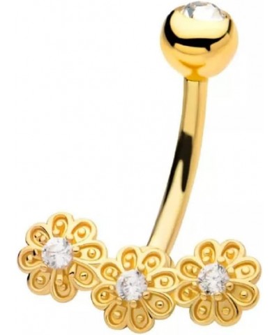 14GA Gold PVD 316L Stainless Steel Triple CZ Crystal Flower Cluster Belly Button Ring $8.57 Body Jewelry