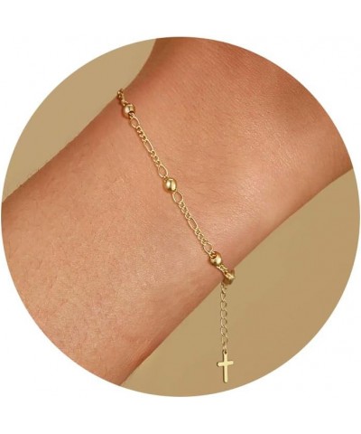 Gold/Silver Cross Chain Bracelet for Women Trendy 14k Gold Plated Pearl Beaded Bracelets Dainty Shiny Silver Cross Charm Bang...