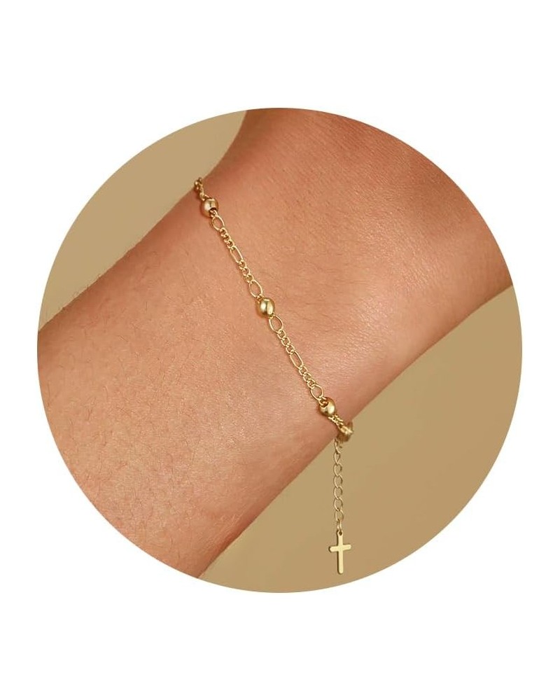 Gold/Silver Cross Chain Bracelet for Women Trendy 14k Gold Plated Pearl Beaded Bracelets Dainty Shiny Silver Cross Charm Bang...