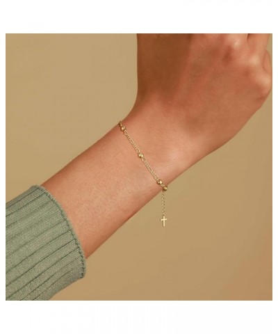 Gold/Silver Cross Chain Bracelet for Women Trendy 14k Gold Plated Pearl Beaded Bracelets Dainty Shiny Silver Cross Charm Bang...