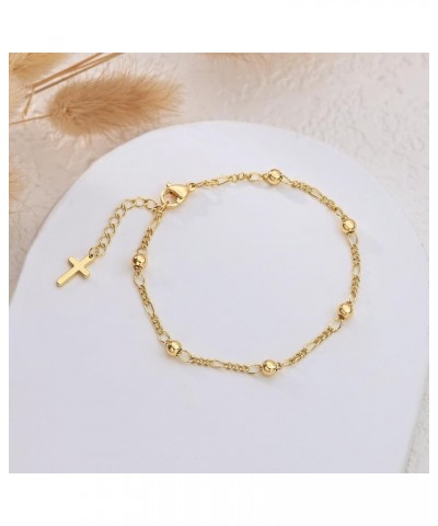 Gold/Silver Cross Chain Bracelet for Women Trendy 14k Gold Plated Pearl Beaded Bracelets Dainty Shiny Silver Cross Charm Bang...