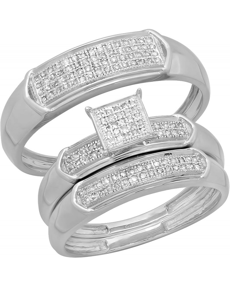 0.30 Carat (ctw) Round White Diamond Men & Women's Micro Pave Trio Bridal Wedding Set 1/3 CT, 14K White Gold womens size 8 & ...