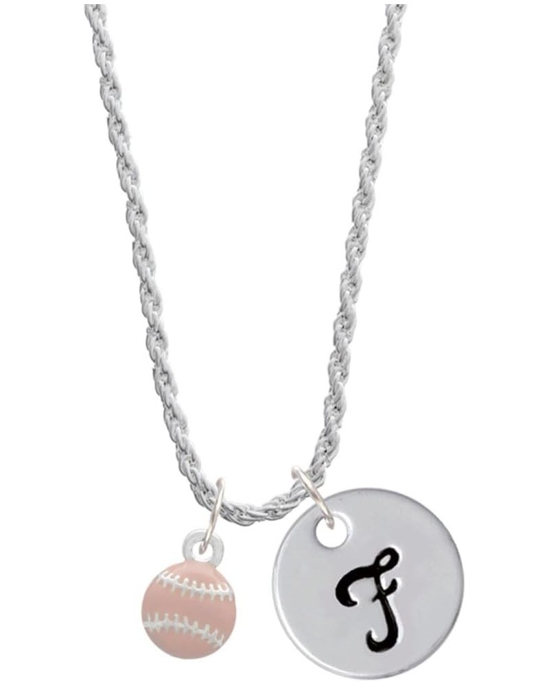 Silvertone Mini Pink Softball or Baseball - Silvertone Script Initial Disc - Charm Necklace, 20"+3 Initial F $15.51 Necklaces