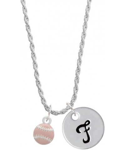 Silvertone Mini Pink Softball or Baseball - Silvertone Script Initial Disc - Charm Necklace, 20"+3 Initial F $15.51 Necklaces