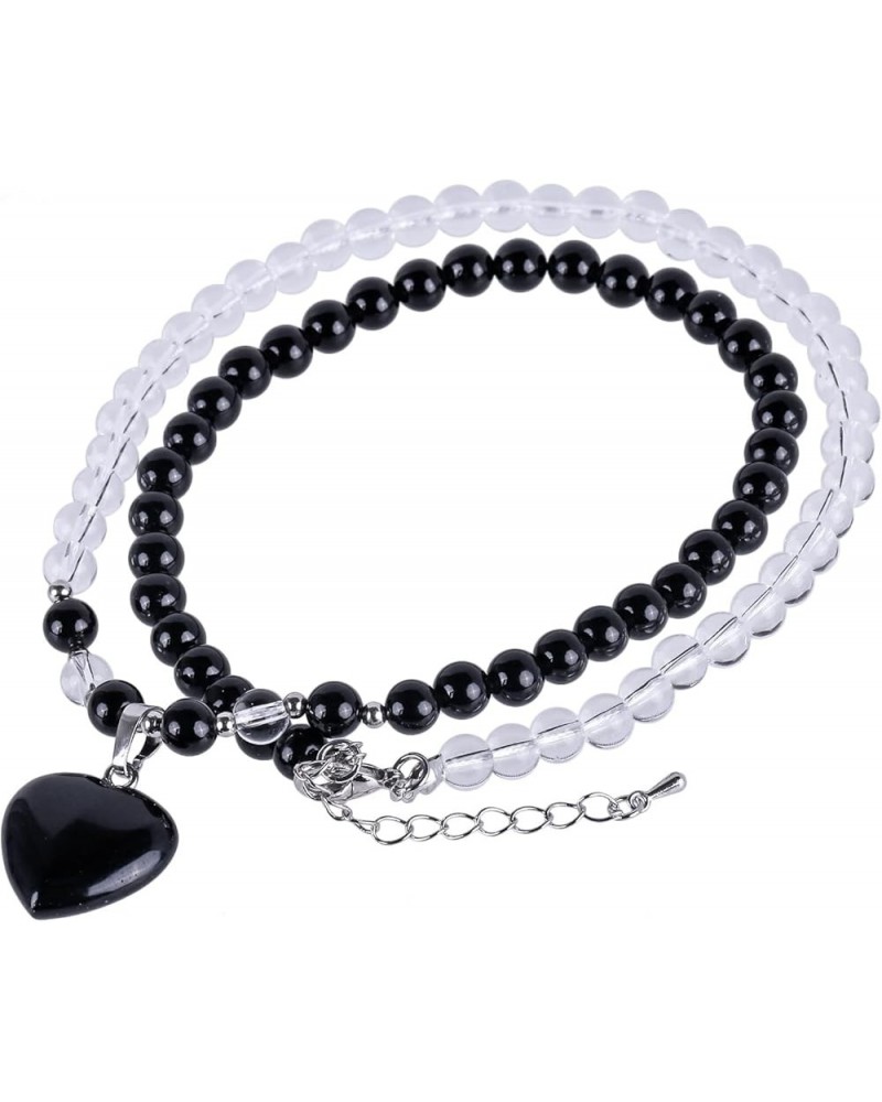 Crystal Beads Necklace with Heart Charm Pendant for Women, Carved Love Stone Necklace for Unisex Black $15.33 Necklaces