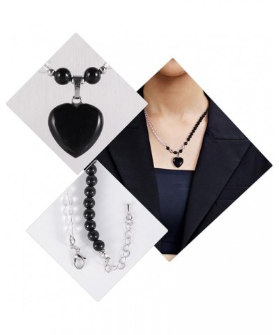 Crystal Beads Necklace with Heart Charm Pendant for Women, Carved Love Stone Necklace for Unisex Black $15.33 Necklaces