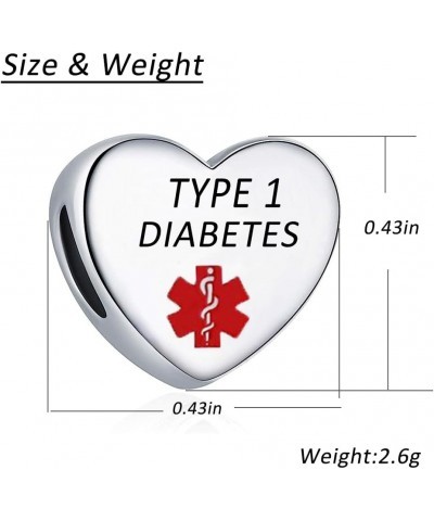 Heart Medical Alert ID TYPE2 DIABETES Charms Emergency First Aid Laser Engraved Health Alert Bead for Pandora Bracelets Women...