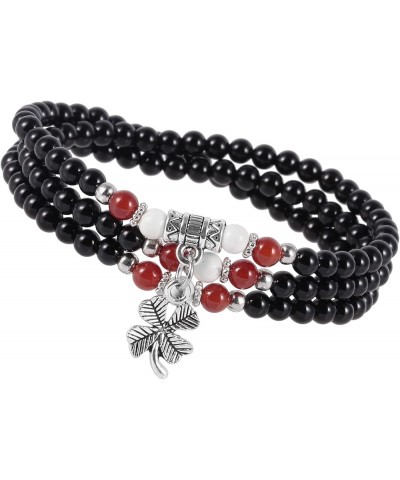 Prayer Beads Stone Bracelets for Women, Stretchy Multilayer Bracelet with Leaf Clover Lucky Charms black agate stone $9.68 Br...