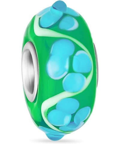 Murano Glass .925 Sterling Silver Core 3D Lamp work Floral Blue Green Red and White Hibiscus Flower Spacer Charm Bead Fits Eu...