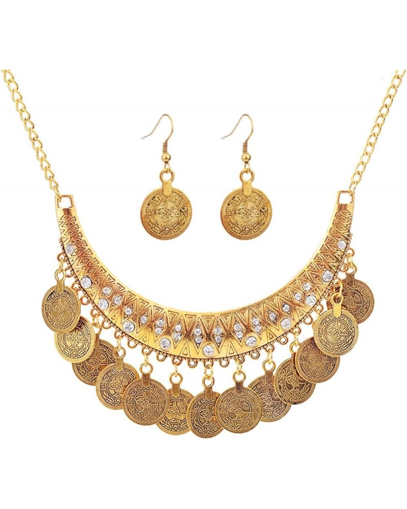 Bohemian Coin Chandelier Bib Necklace Earrings Set Gold Silver Plated Vintage Statement Gypsy Big Disc Coins Tassel Chic Rhin...