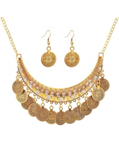 Bohemian Coin Chandelier Bib Necklace Earrings Set Gold Silver Plated Vintage Statement Gypsy Big Disc Coins Tassel Chic Rhin...