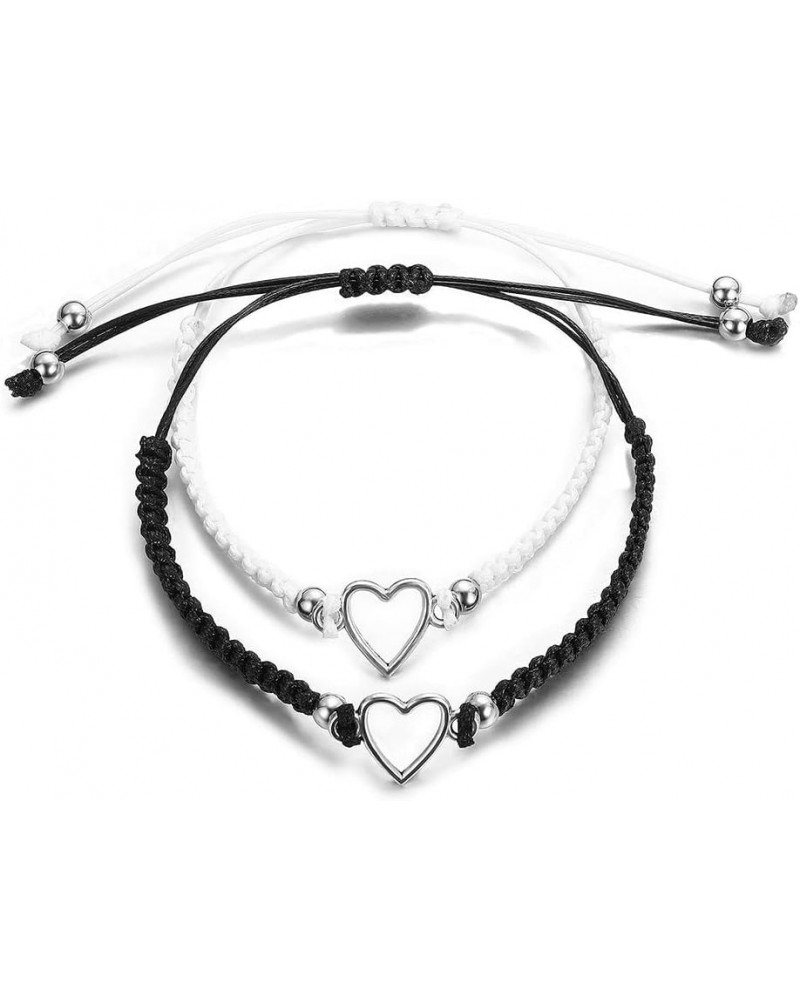 2pcs Heart Shaped Couple Bracelets Love Heart White Black Rope Couple Bracelet Heart Shaped Handmade Braid Adjustable Bracele...