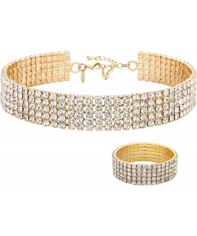 18K Yellow Gold Plated 1-5 Rows Rhinestone Choker Necklace & Stretch Bracelets Set Wedding Jewelry 5 Row $14.24 Necklaces