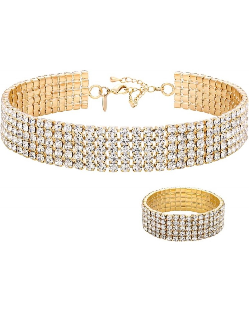 18K Yellow Gold Plated 1-5 Rows Rhinestone Choker Necklace & Stretch Bracelets Set Wedding Jewelry 5 Row $14.24 Necklaces