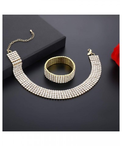 18K Yellow Gold Plated 1-5 Rows Rhinestone Choker Necklace & Stretch Bracelets Set Wedding Jewelry 5 Row $14.24 Necklaces