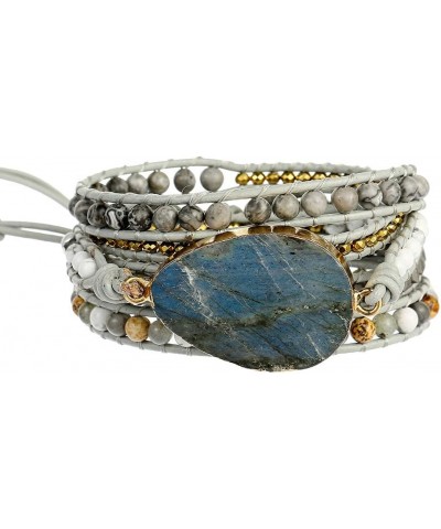 Women Boho Handmade Natural Stone Crystal Leather Bead Wrap Bracelets Collection Labradorite 5W $14.76 Bracelets