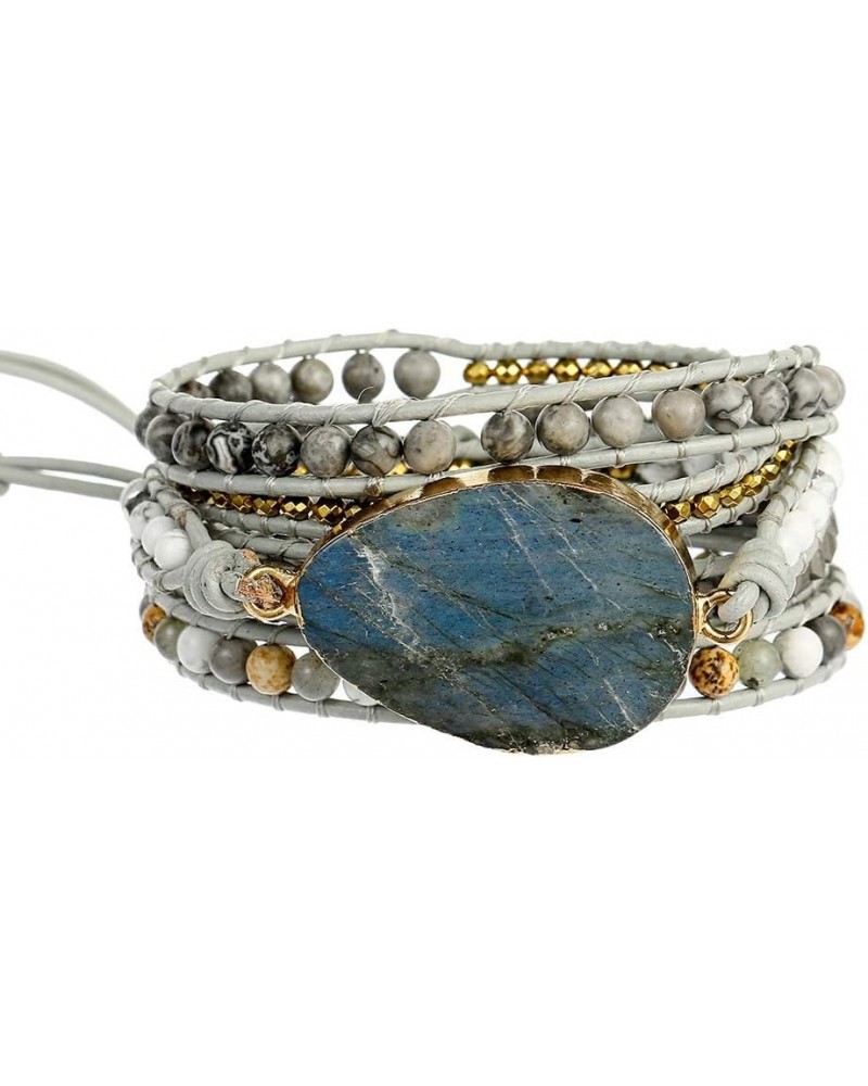 Women Boho Handmade Natural Stone Crystal Leather Bead Wrap Bracelets Collection Labradorite 5W $14.76 Bracelets