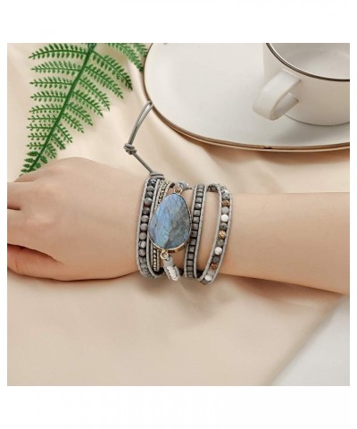 Women Boho Handmade Natural Stone Crystal Leather Bead Wrap Bracelets Collection Labradorite 5W $14.76 Bracelets