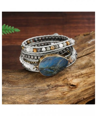 Women Boho Handmade Natural Stone Crystal Leather Bead Wrap Bracelets Collection Labradorite 5W $14.76 Bracelets