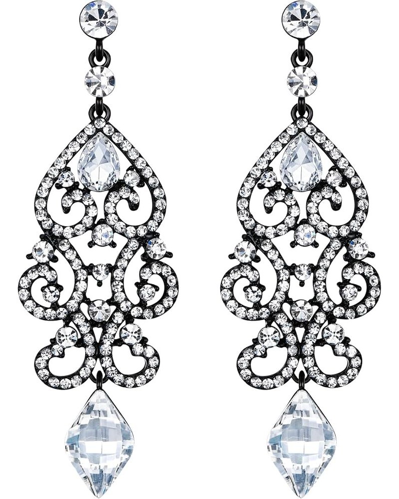 Rhinestone Crystal Wedding Art Deco Floral Chandelier Dangle Earrings for Women Clear Black-Tone $9.59 Earrings