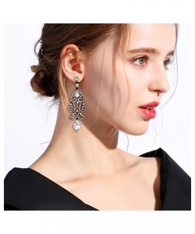 Rhinestone Crystal Wedding Art Deco Floral Chandelier Dangle Earrings for Women Clear Black-Tone $9.59 Earrings