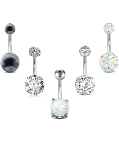 Belly Button Rings Stainless Steel 14G CZ Navel Belly Rings 3/8" 10mm Piercing Barbell Body Jewelry for Women Girls 5Pcs Styl...