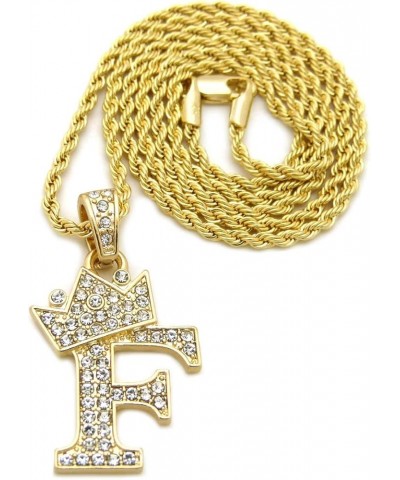 Unisex Small Pave Crowned Initial Alphabet Letter Pendant 24 inches Rope Chain Necklace in Gold Silver Tone F - Gold Tone $13...