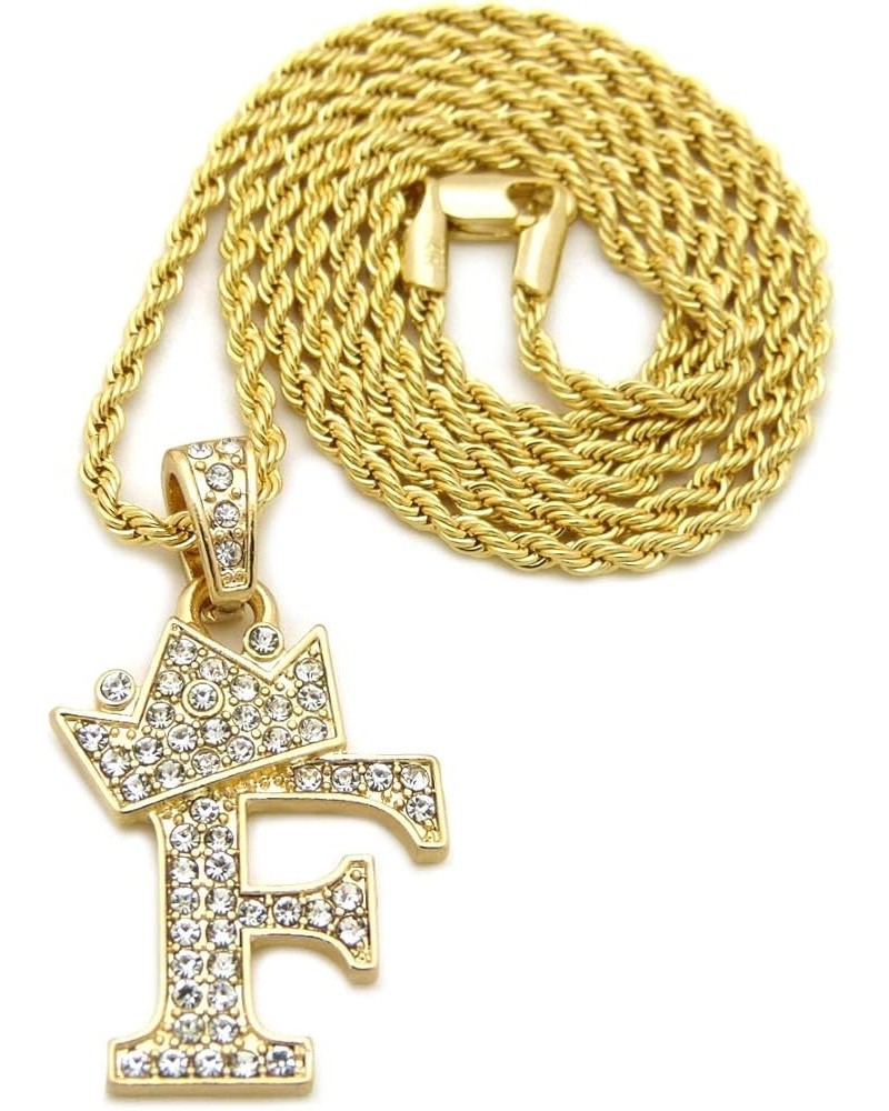 Unisex Small Pave Crowned Initial Alphabet Letter Pendant 24 inches Rope Chain Necklace in Gold Silver Tone F - Gold Tone $13...