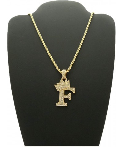 Unisex Small Pave Crowned Initial Alphabet Letter Pendant 24 inches Rope Chain Necklace in Gold Silver Tone F - Gold Tone $13...