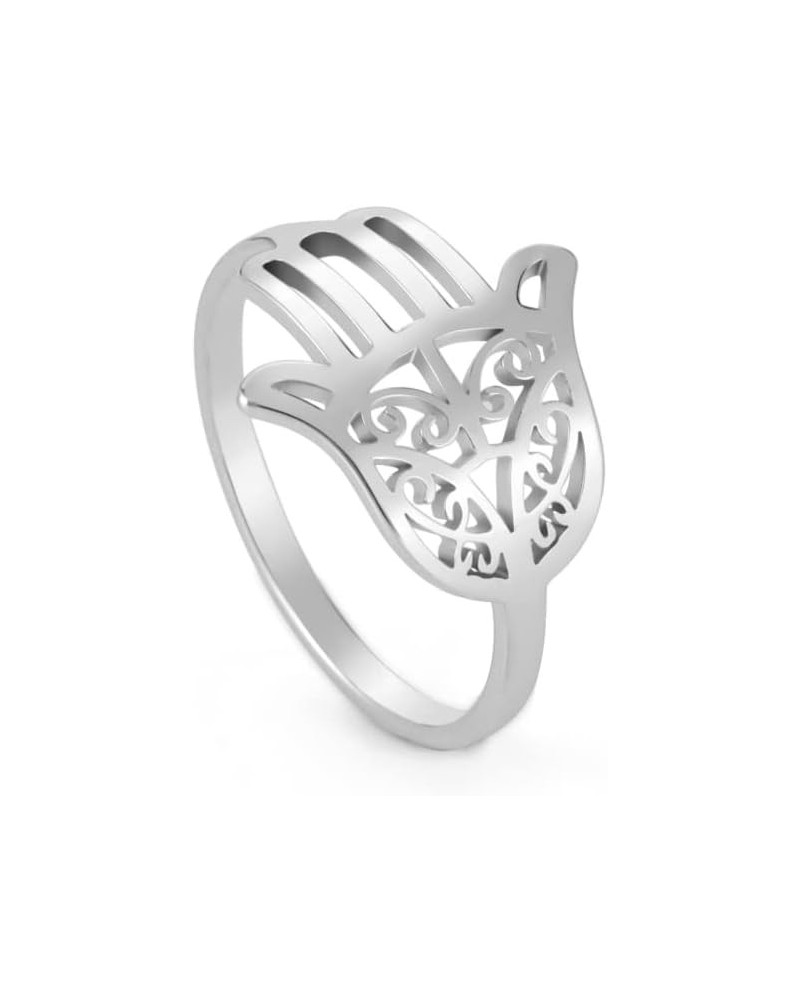 Hallow out Hamsa Hand of Fatima Evil Eye Ring for Women Stainless Steel Band Ring Jewelry for Lady Silver $7.44 Rings