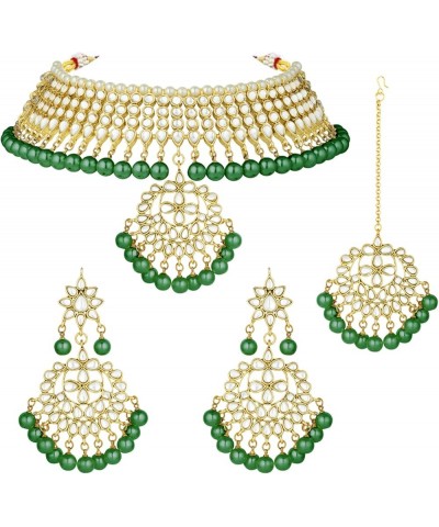 Indian Traditional Maang Tikka with Kundan Necklace Earrings Set Ethnic Wedding Party Designer Jewelry for Women Green 1 $15....