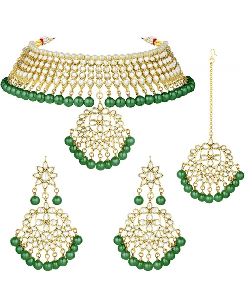 Indian Traditional Maang Tikka with Kundan Necklace Earrings Set Ethnic Wedding Party Designer Jewelry for Women Green 1 $15....