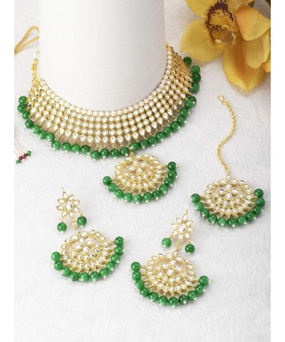 Indian Traditional Maang Tikka with Kundan Necklace Earrings Set Ethnic Wedding Party Designer Jewelry for Women Green 1 $15....