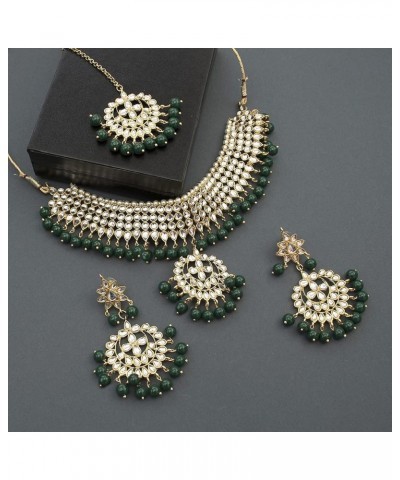 Indian Traditional Maang Tikka with Kundan Necklace Earrings Set Ethnic Wedding Party Designer Jewelry for Women Green 1 $15....