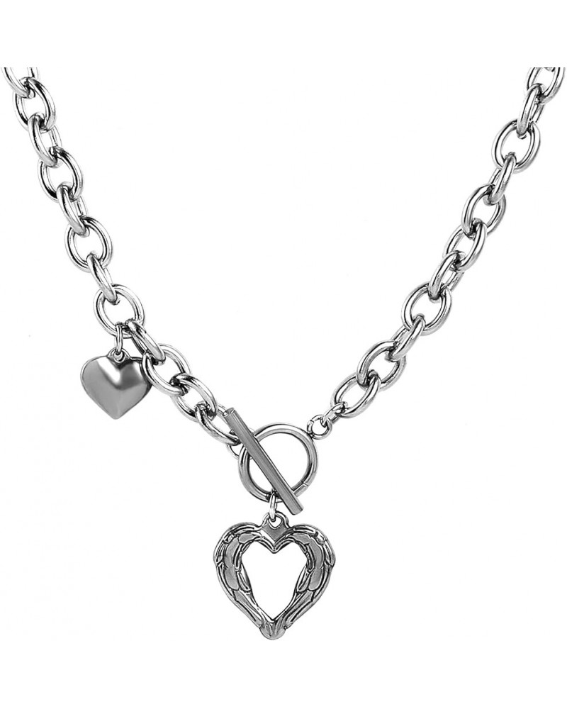 Women Stainless Steel Multilayer Necklace Heart Pendant Dog Tag Pendant Chunky Cuban Chain Link Toggle Clasp Necklace Stolen ...