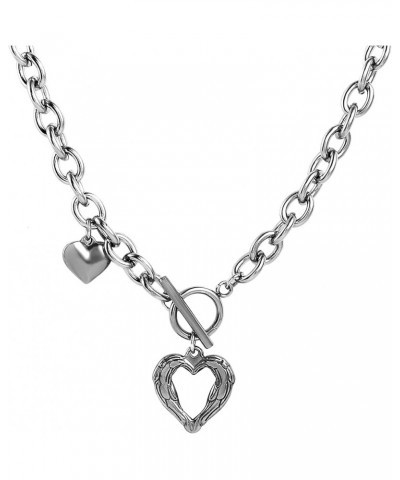 Women Stainless Steel Multilayer Necklace Heart Pendant Dog Tag Pendant Chunky Cuban Chain Link Toggle Clasp Necklace Stolen ...