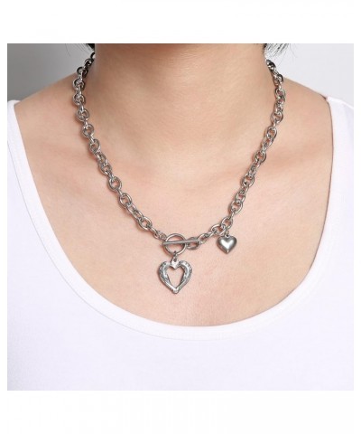 Women Stainless Steel Multilayer Necklace Heart Pendant Dog Tag Pendant Chunky Cuban Chain Link Toggle Clasp Necklace Stolen ...