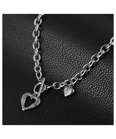 Women Stainless Steel Multilayer Necklace Heart Pendant Dog Tag Pendant Chunky Cuban Chain Link Toggle Clasp Necklace Stolen ...